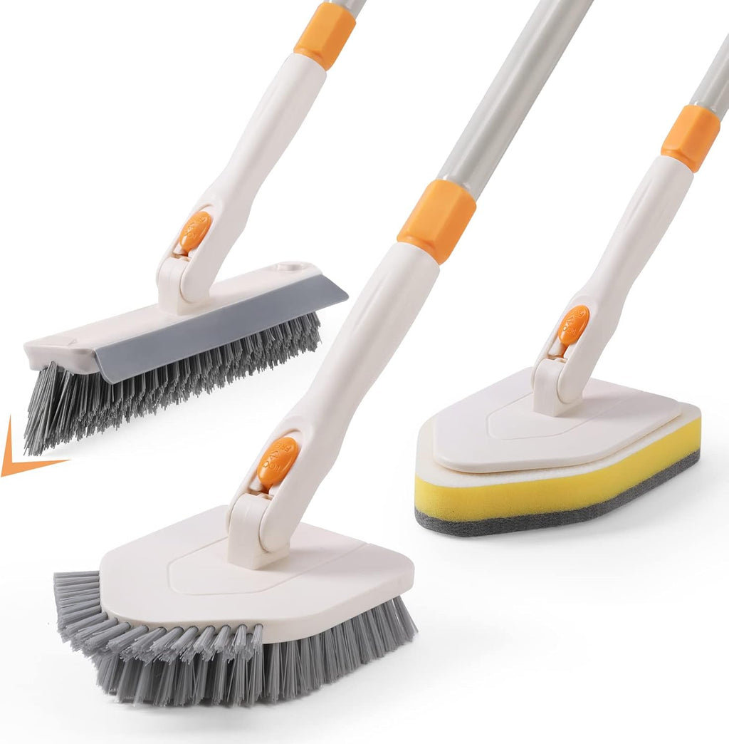 3 in 1 Shower Scrubber Cleaning Brush with Long Handle, 50'' Tub and Tile Grout Scrub Brush Stiff Bristles Lock in Place Scrub Brush Head for Bathroom Kitchen Wall Floor Bathtub Sink Glass - Upgrade