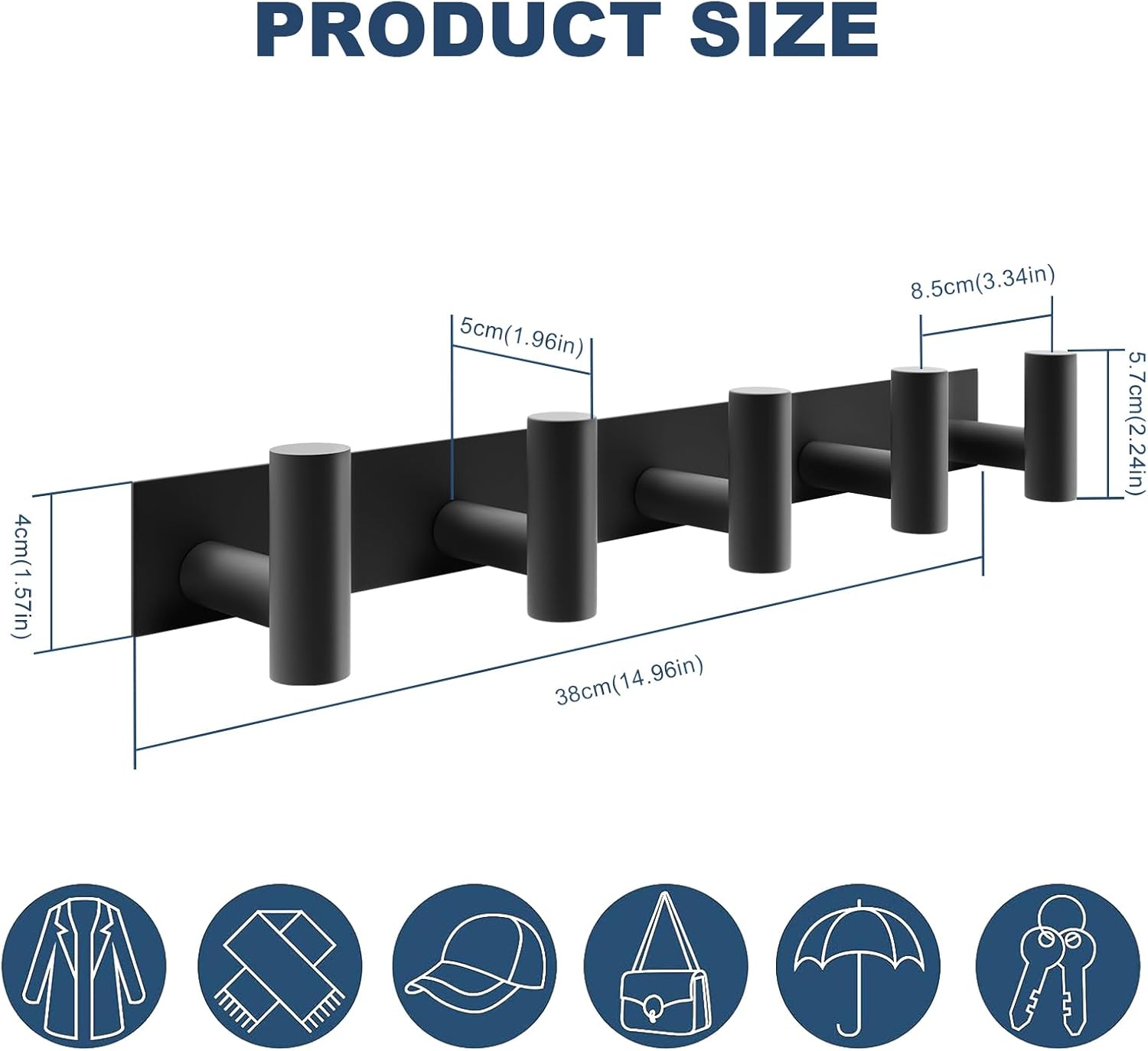 PMMASTO Coat Rack Wall Mounted, 5 "T Shaped Wall Hooks for Hanging, Heavy Duty Stainless Steel Coat Hook Rail for Hat Towel Robes in Bathroom Kitchen Mudroom Entryway (Black, 2 Pack)