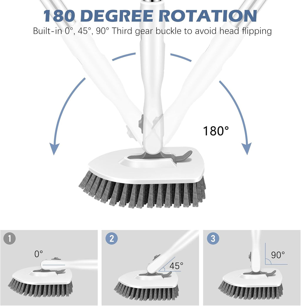 SetSail Floor Scrub Brush, 3-in-1 Tile Tub Floor Scrubber with 52-inch Adjustable Long Handle Shower Cleaner Brush and 4 Detachable Replacement Brush Heads for Cleaning Bathroom Tub Tile, White