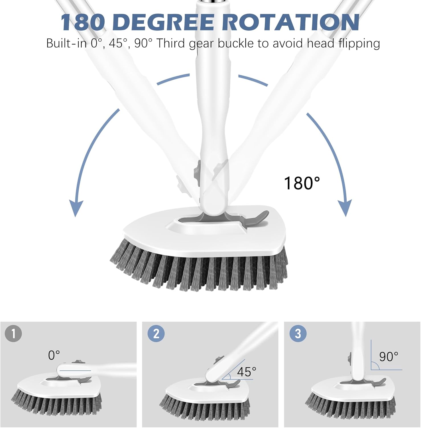 SetSail Floor Scrub Brush, 3-in-1 Tile Tub Floor Scrubber with 52-inch Adjustable Long Handle Shower Cleaner Brush and 3 Detachable Replacement Brush Heads for Cleaning Bathroom Tub Tile, White