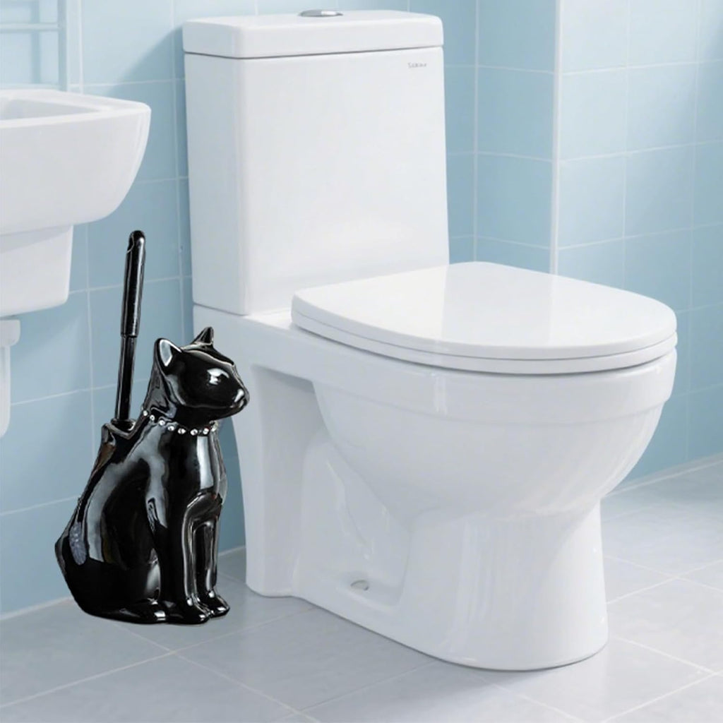 Comeon Ceramic Cat White/Black Toilet Brush and Holder Set, Plastic Handled Scrub Brush for Bathroom Cleaning,10.63"*6.3" (Black)