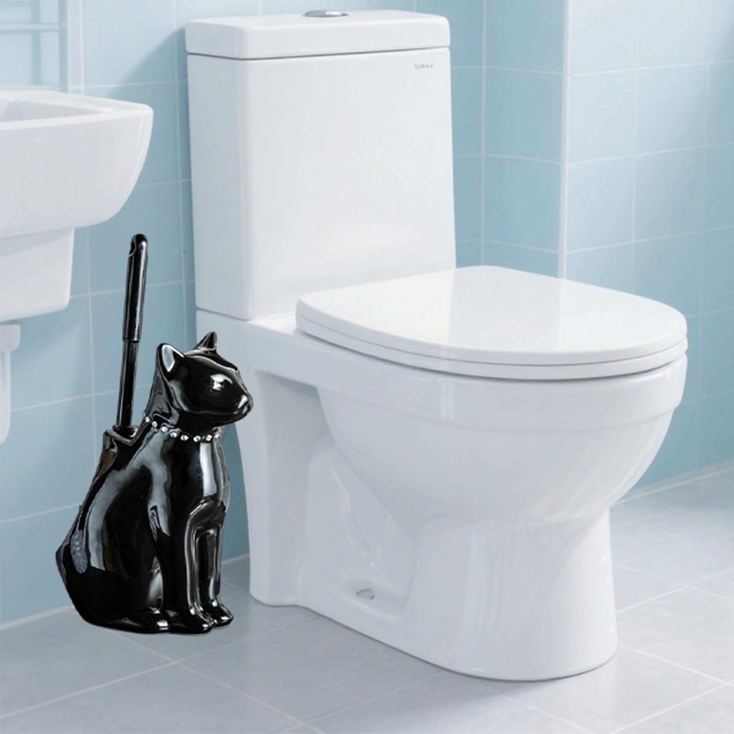 Comeon Ceramic Cat White/Black Toilet Brush and Holder Set, Plastic Handled Scrub Brush for Bathroom Cleaning,10.63"*6.3" (Black)