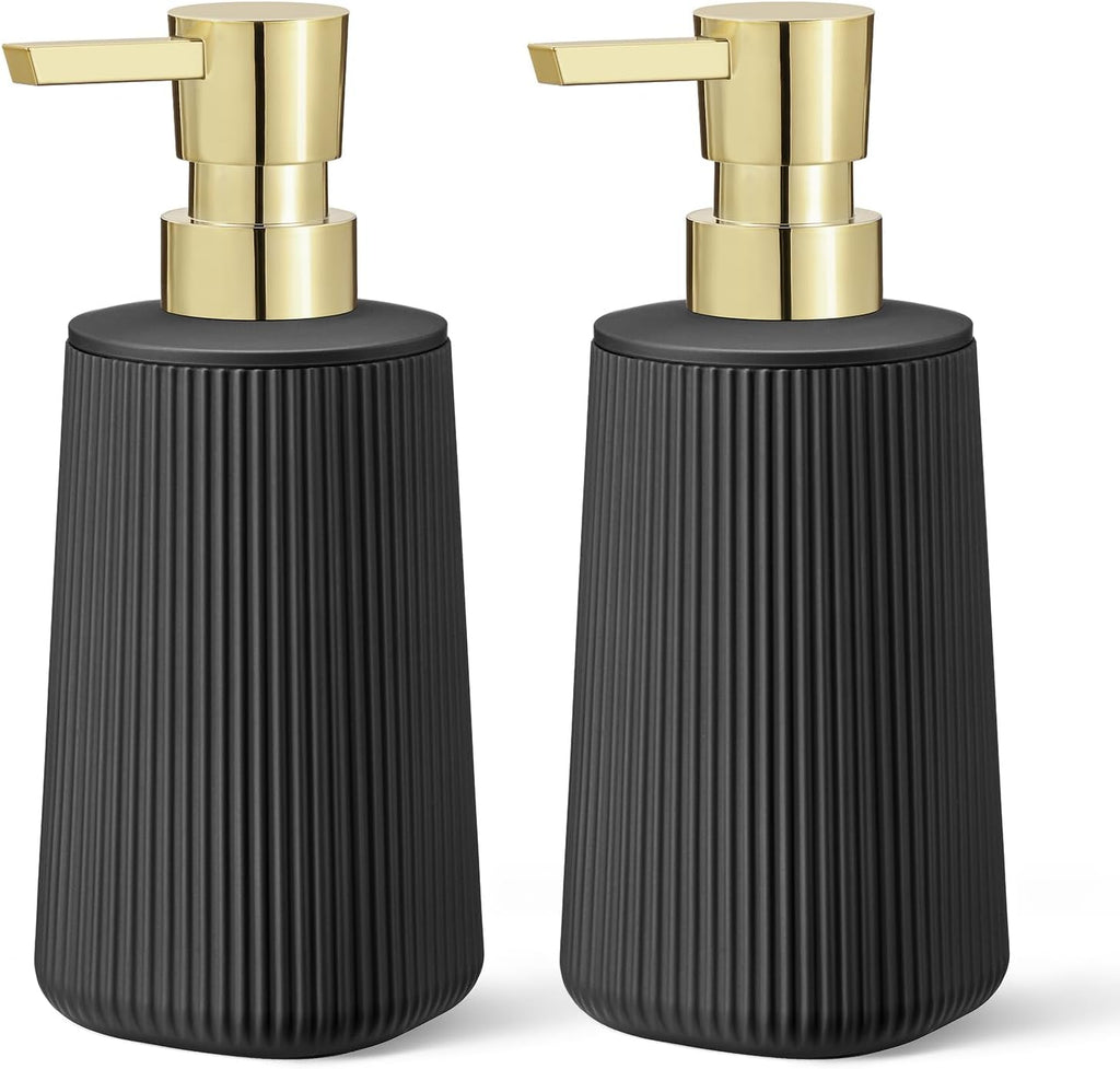 Black and Gold 2 Pack Hand Soap Dispensers with No Rust Pump for Bathroom and Kitchen Countertops Refillable Striped Matte Plastic 8.5 oz