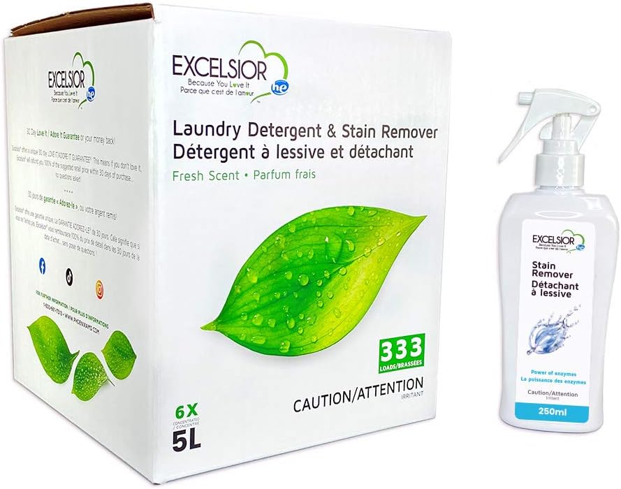 Excelsior HE Concentrated Liquid Laundry Detergent with Stain Remover, Removes 333 Loads for Cleaning Clothes, Phosphate-Free, Solvent-Free, Fresh Scent, 5L…