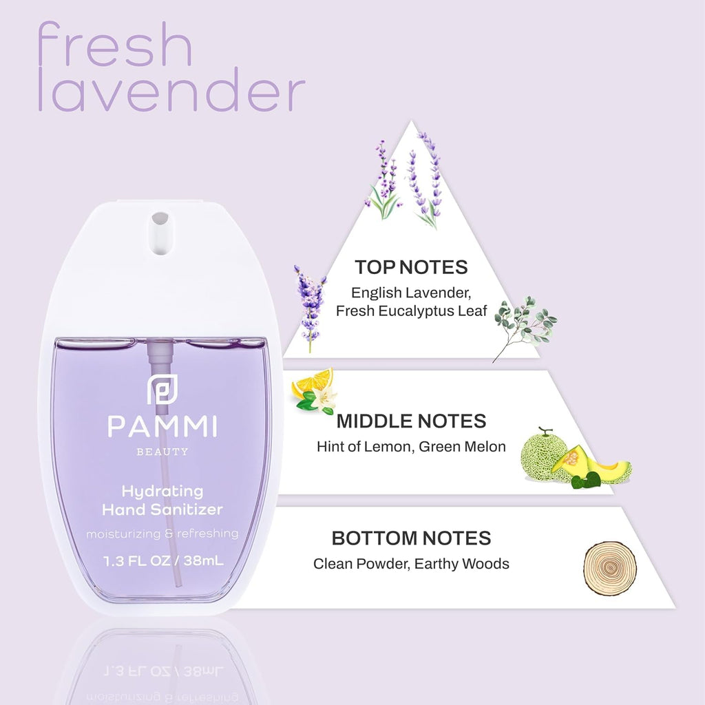 PAMMI Power Mist Hydrating Hand Sanitizer Spray, Portable Travel Size Pocket Hand Sanitizer, Scented Handsanitizer Mini Spray For Car - 600 Sprays (3 Pack (Aloevera, Peach, Rose))