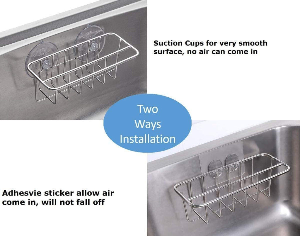 Sink Caddy Sponge Holder for Kitchen Sink Dish Cloth Hanger 2 Suspension Options(Suction Cups and Adhesive Hook), SUS304 Stainless Steel, Silver
