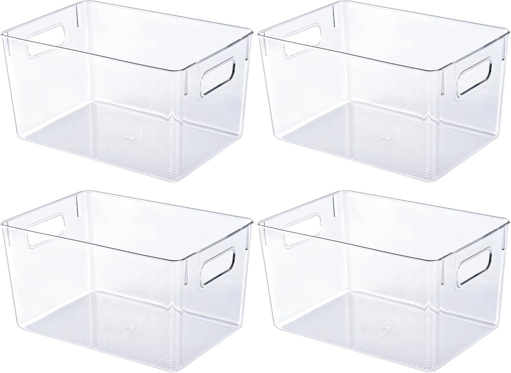 JollyPack 4 Pack Clear Plastic Storage Bins, Pantry Organizers and Storage with Handles, Clear Storage Containers for Fridge, Kitchen, Cabinet, Bathroom and Office