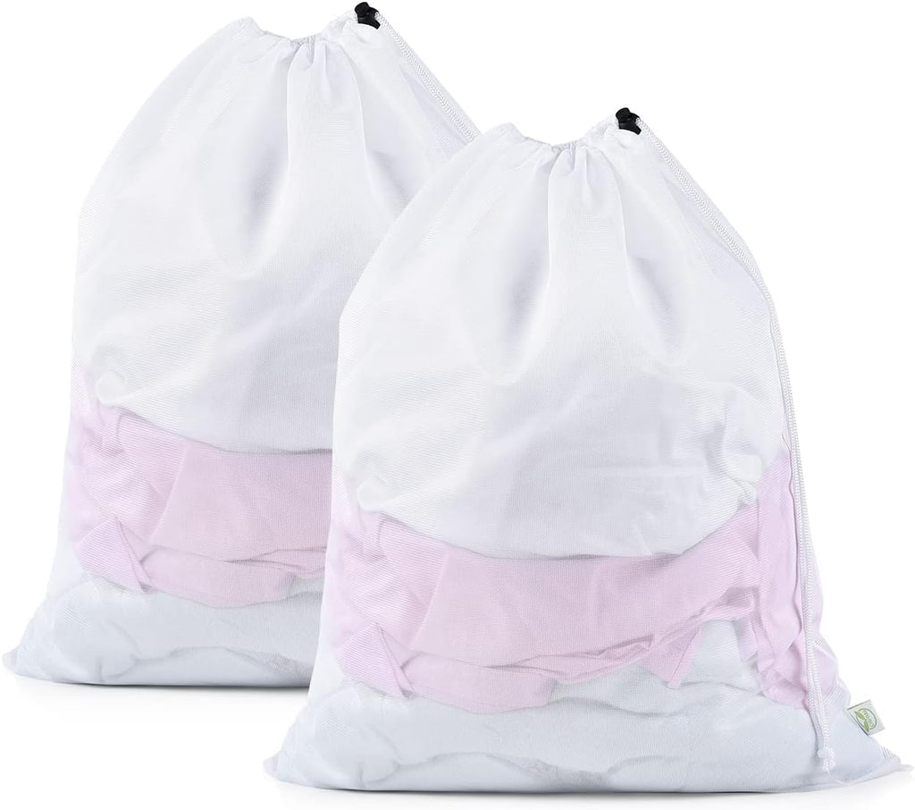 OTraki 2 Pack Mesh Laundry Bag, 20x24 Inch Heavy Duty Laundry Fine Mesh Bags Dirty Clothes Drawstring Laundry Wash Bag Delicates Net Storage Travel Bag Machine Washable for College Home Dorm White