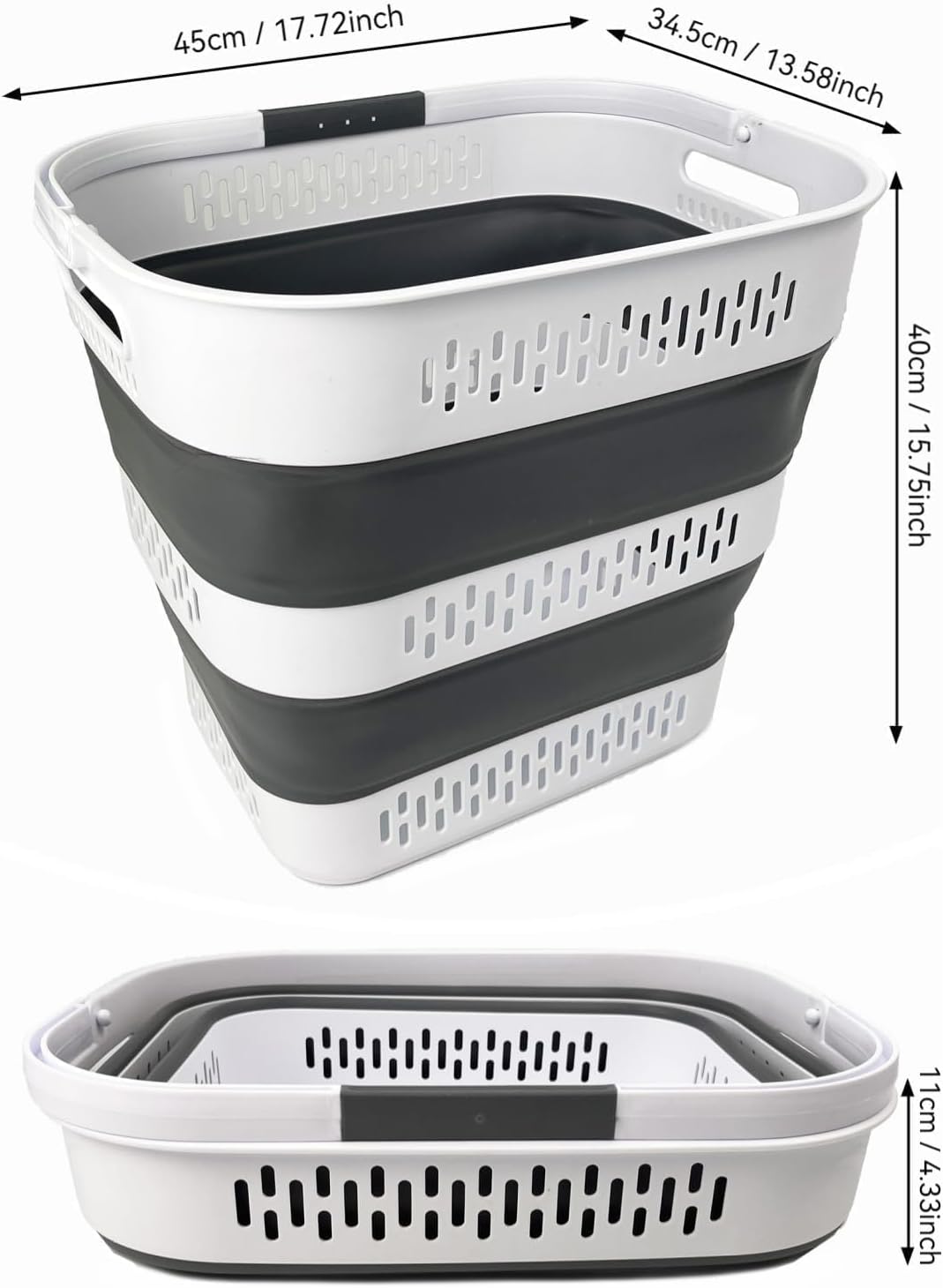 SAMMART 40L (10.5 Gallon) Collapsible Plastic Laundry Basket with Handles - Foldable Pop Up Storage Container/Organizer - Portable Laundry Hamper - Space Saving (1, White/Steel Grey)