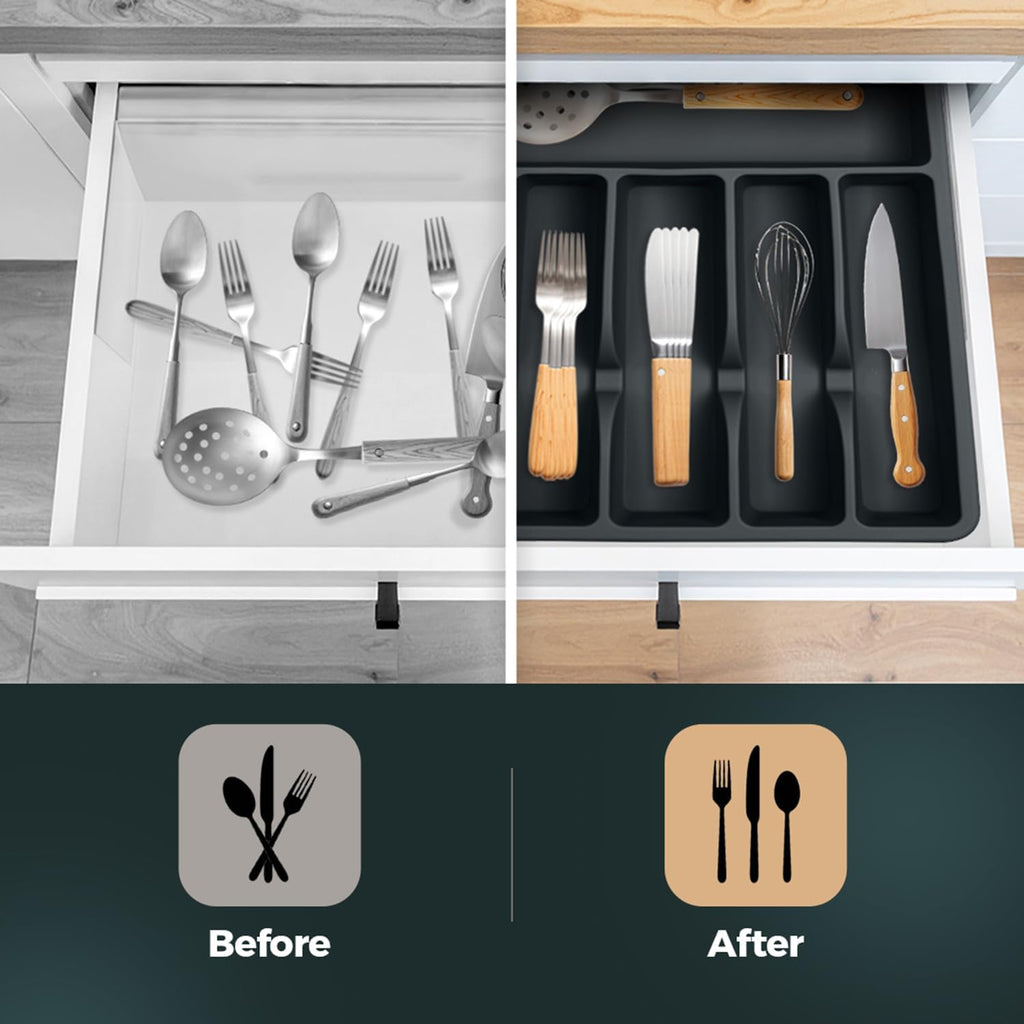 Silicone Silverware Drawer Organizer – Non-Slip Utensil Holder for Kitchen Drawers | Cutlery Tray for Forks, Knives, Spoons & More | Durable, BPA-Free, Easy to Clean – Black