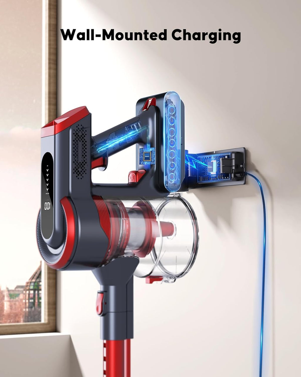 Cordless Vacuum Cleaner, Stick Cordless Vacuum with LED Touch Screen, Anti-Tangle Vacuum Cleaner with Charging Station for Carpet Hard Floor Pet Hair