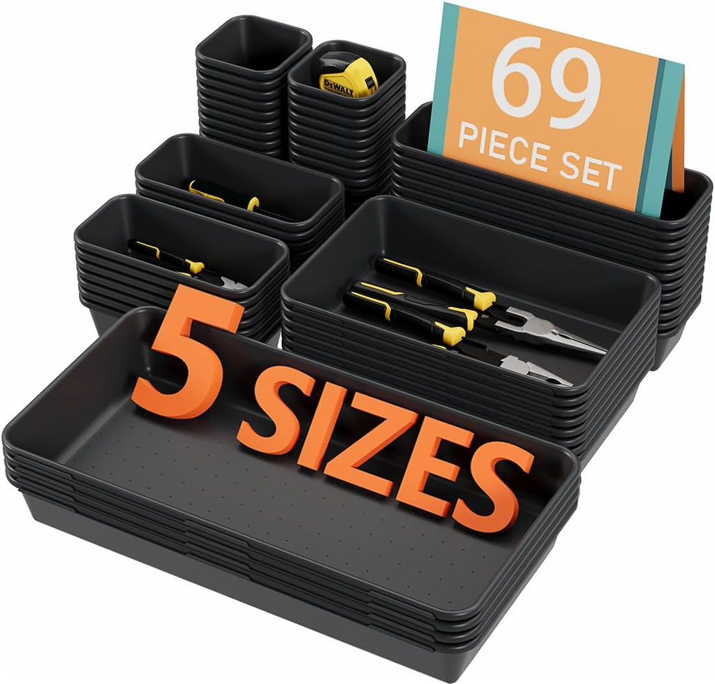 69PCS Large Plastic Interlocking Drawer Organizer, 5 Sizes Versatile Desk Drawer Organizer Trays, Drawer Dividers, Organization and Storage Bins for Tools,Office,Jewelries,Kitchen Utensils and Makeup