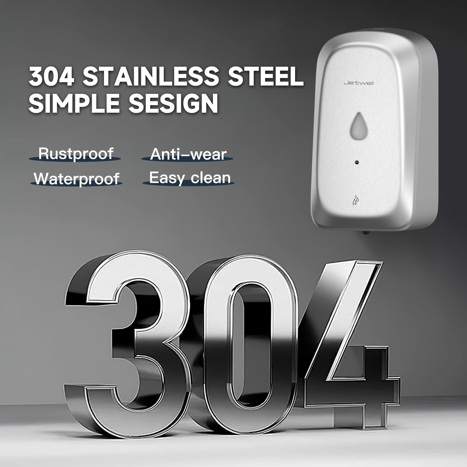 JETWELL Automatic Touch-Less Wall Mount Hand Soap Dispenser Liquid Drop Battery Operated, Brushed Stainless Steel Cover Large Capacity 34OZ/1000ML for Kitchen Home Commercial Bathroom
