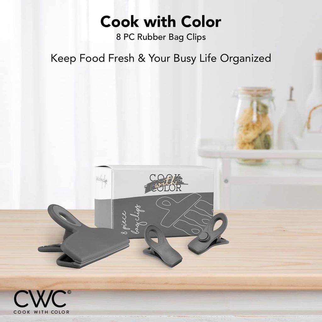 COOK WITH COLOR Bag Clips - Heavy Duty Chip Clip and Refrigerator Magnet Clips for Food Storage with Air Tight Seal Grip, Grey, Pack of 8
