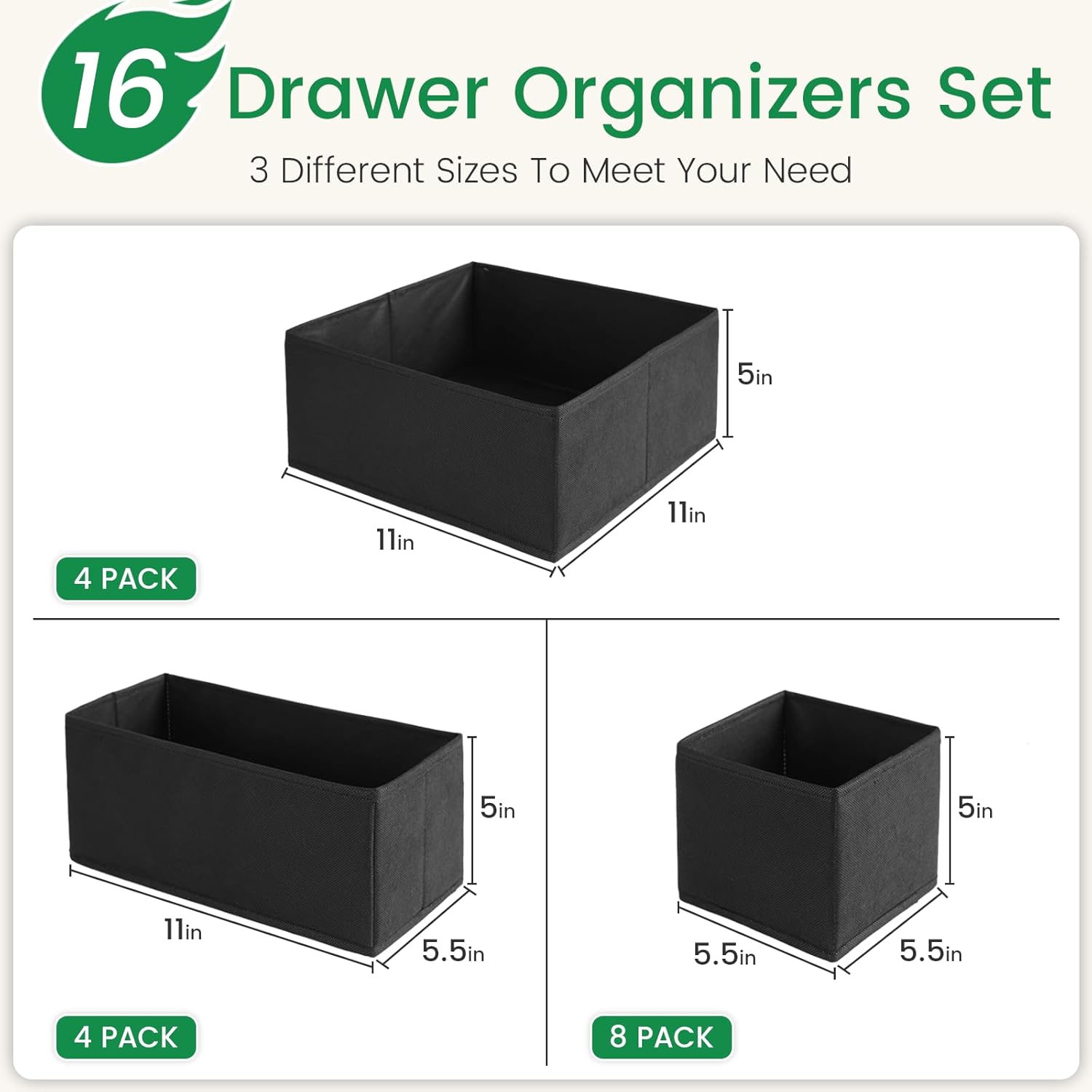 Criusia 16 Pack Underwear Drawer Organizer, Drawer Organizer Clothes, Foldable Cloth Storage Box Closet Dresser Drawer Divider Organizer for Clothes, Scarves (Black)