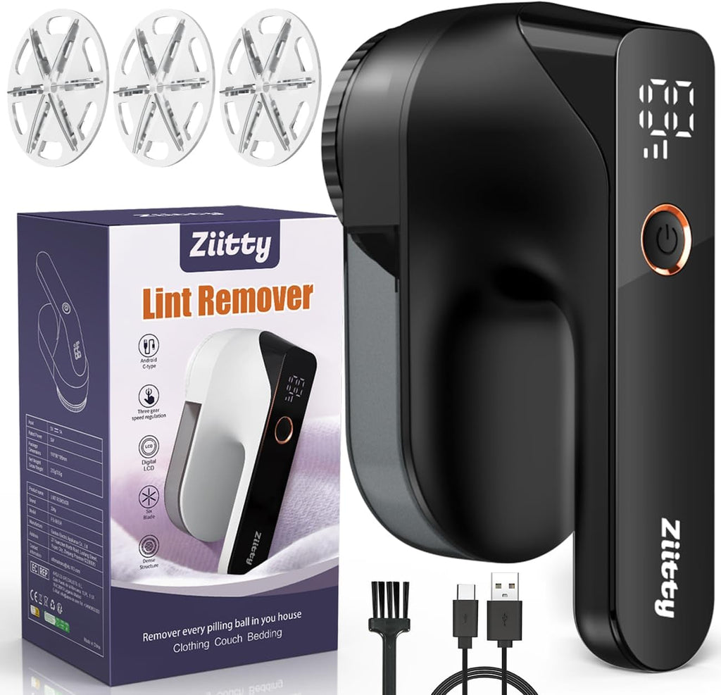 Fabric Shaver - Ziitty Lint Remover for Clothes, Sweater Defuzzer with LCD Display, 3-Speeds, 6-Blade, Type-C Rechargeable, Sweater Shaver to Remove Pilling Fuzz Lint Balls Pills for Clothes Furniture