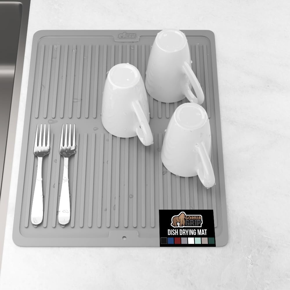 GORILLA GRIP 100% BPA-Free Patented Silicone Dish Drying Mat for Kitchen Counter, Water Catching Ribbed Design, Easy Clean Waterproof Sink Liner, Heat Resistant, Fits Under Rack, 16x12 Inch, Gray