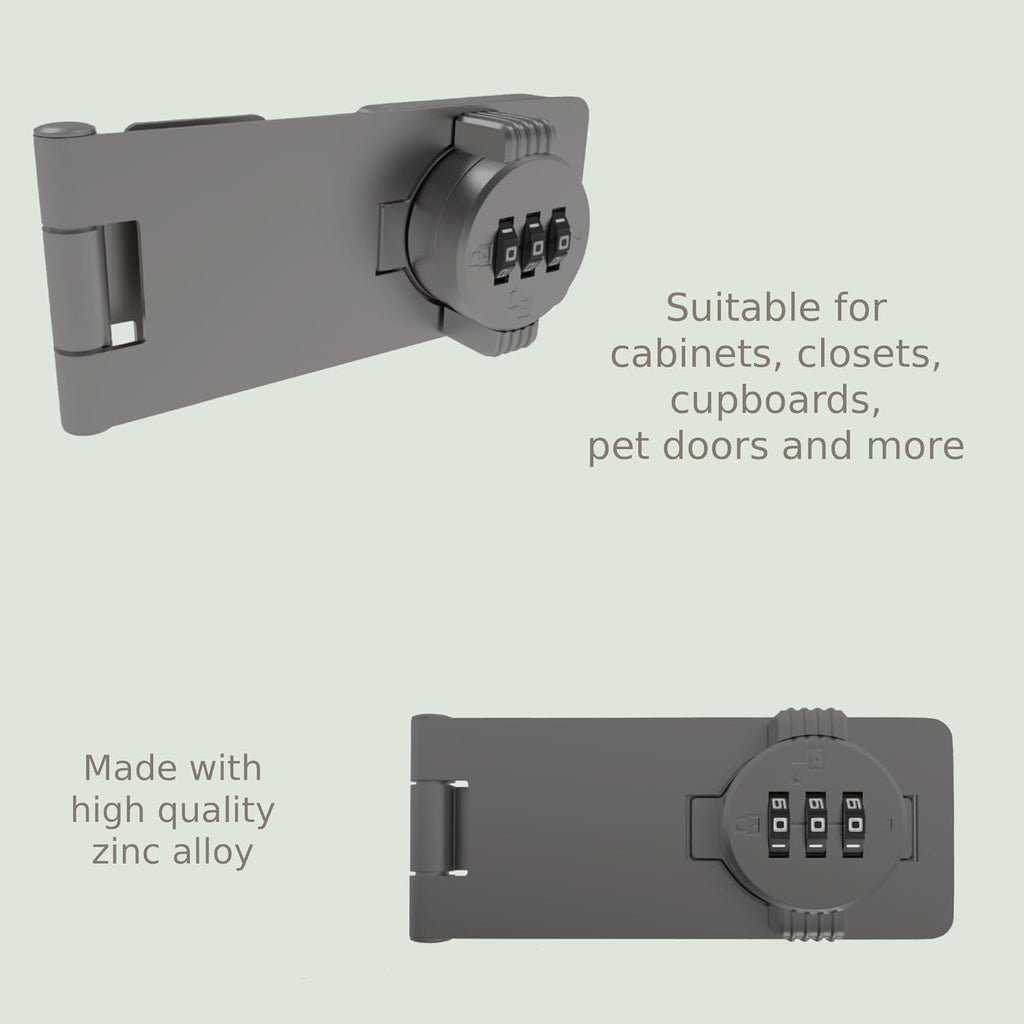 Keyless Combination Lock – 3-Digit Combination Lock for Cabinet Doors – Twist Knob Hasp Latch Lock with Password Code – Zinc Alloy Cabinet Door Latch for Kitchen Drawers, Cabinets, Cupboard (Grey)
