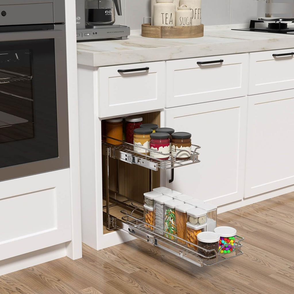 OCG 2 Tier Pull Out Cabinet Organizer (9.5" W x 21" D), Pull Out Drawers for Kitchen Cabinets, Pull Out Shelves for Base Cabinet Organization in Kitchen Bathroom Pantry, Chrome Finish