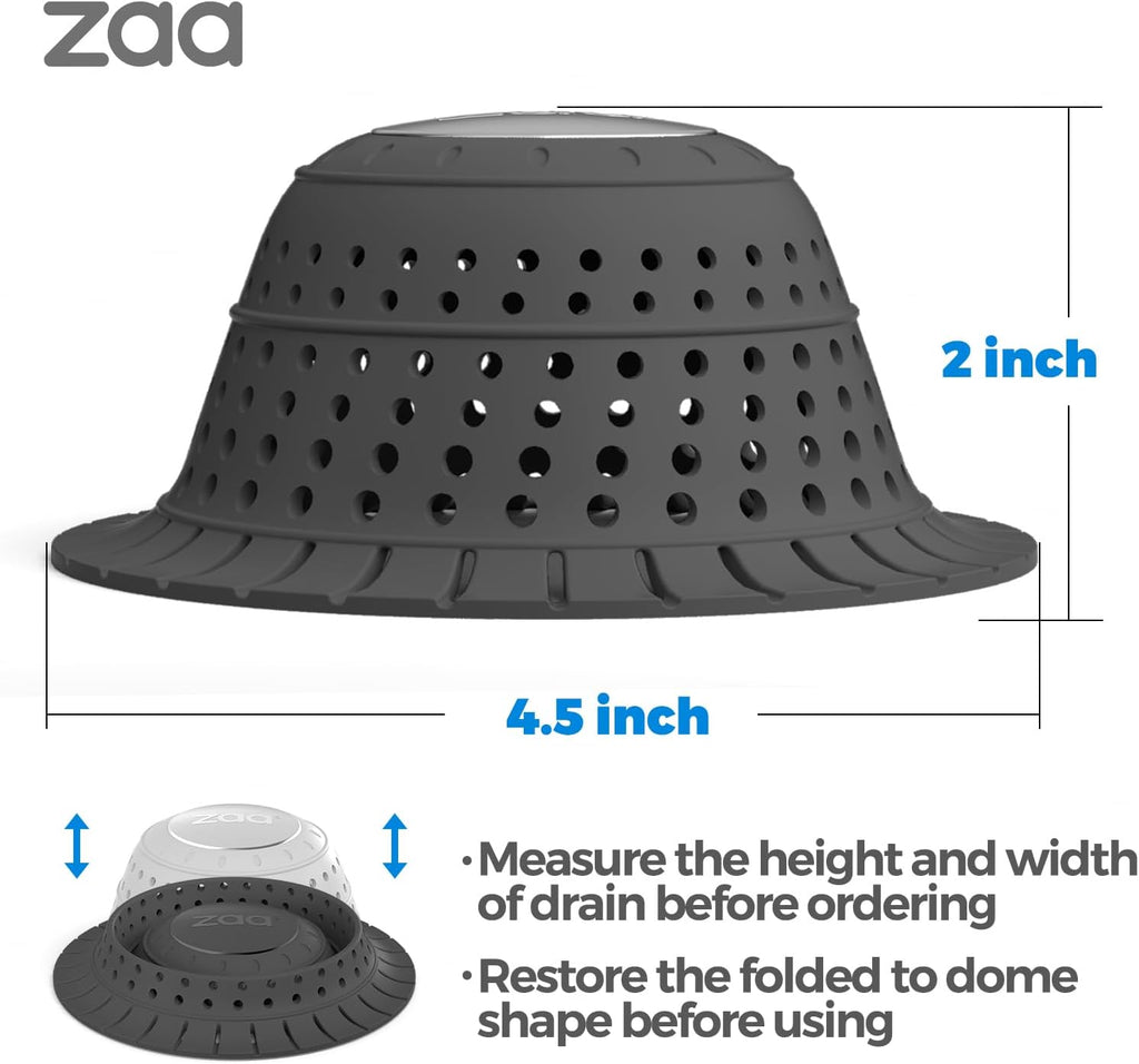 zaa Bathtub Drain Hair Catcher, 2 Pack Silicone Collapsible Bathtub Drain Cover Hair Catcher & Protector for Pop-Up & Regular Drains of Shower, Bathtub, Tub, Bathroom, Sink, Gray & Black