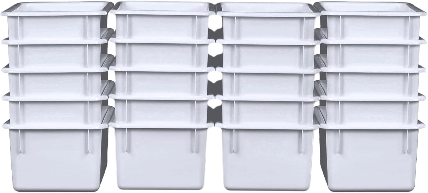 Wood Designs Cubby Storage Bin, Heavy Duty Plastic Containers for Kids White Cubby Tray Set of 20