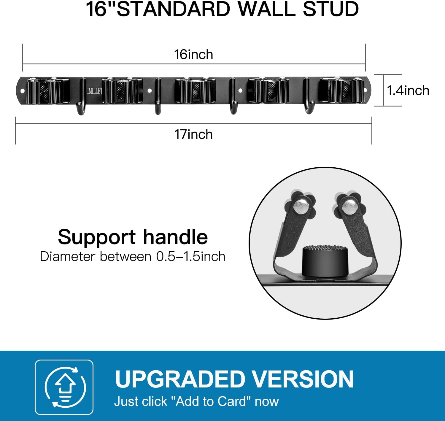 IMILLET 2 Pack Broom and Mop Holder Wall Mounted, Broom Holder Stainless Steel Broom Organizer Heavy Duty Tools Organizer Self Adhesive for Laundry Room Garage Garden（5 Racks and 4 Hooks）