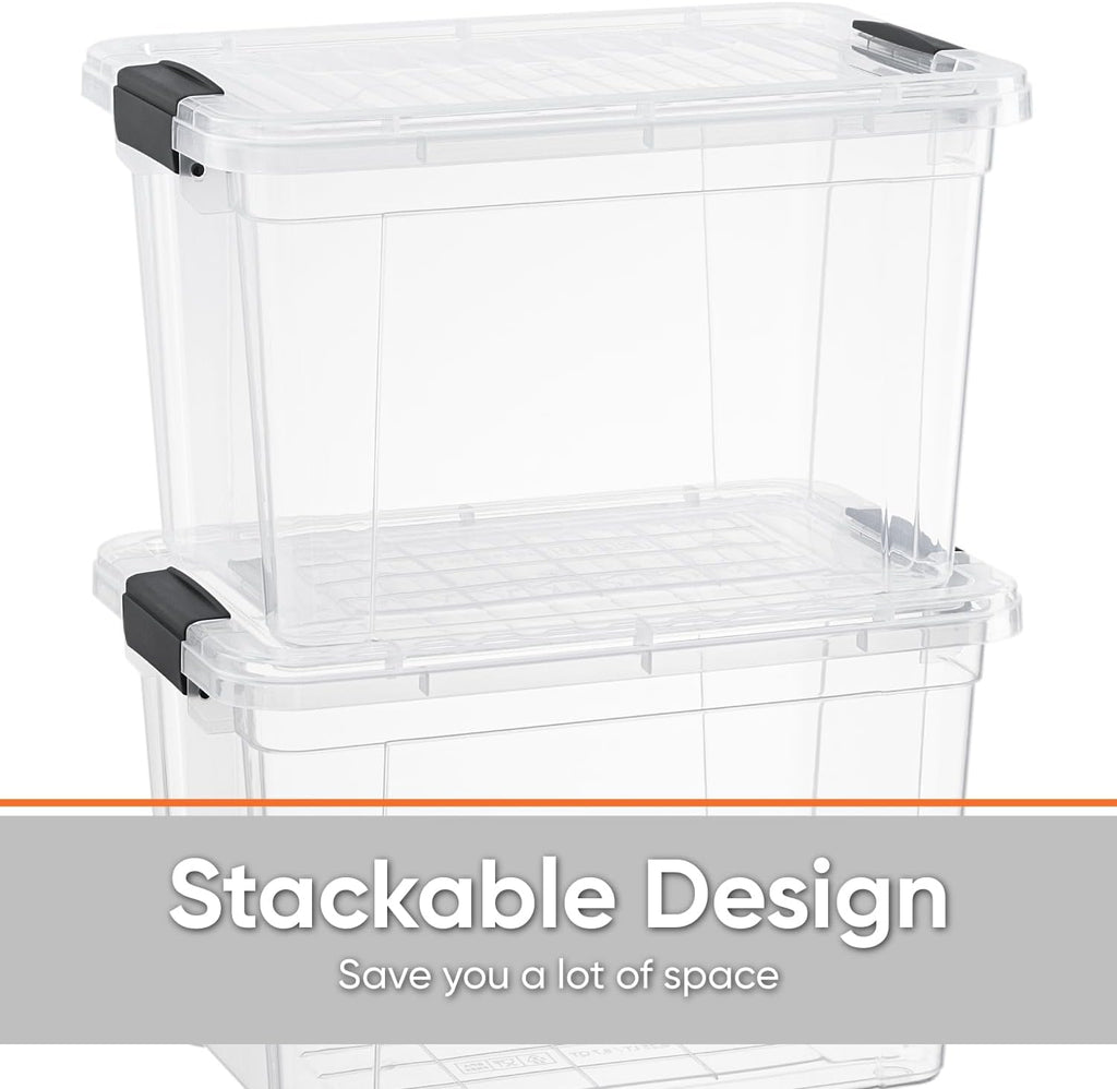 Superio Clear Storage Boxes with Lids, 26.5 Quart Plastic Container Bins for Organizing, Stackable Crates, BPA Free, Non Toxic, Odor Free, Organizers for Home, Office and Dorm, 4 Pack