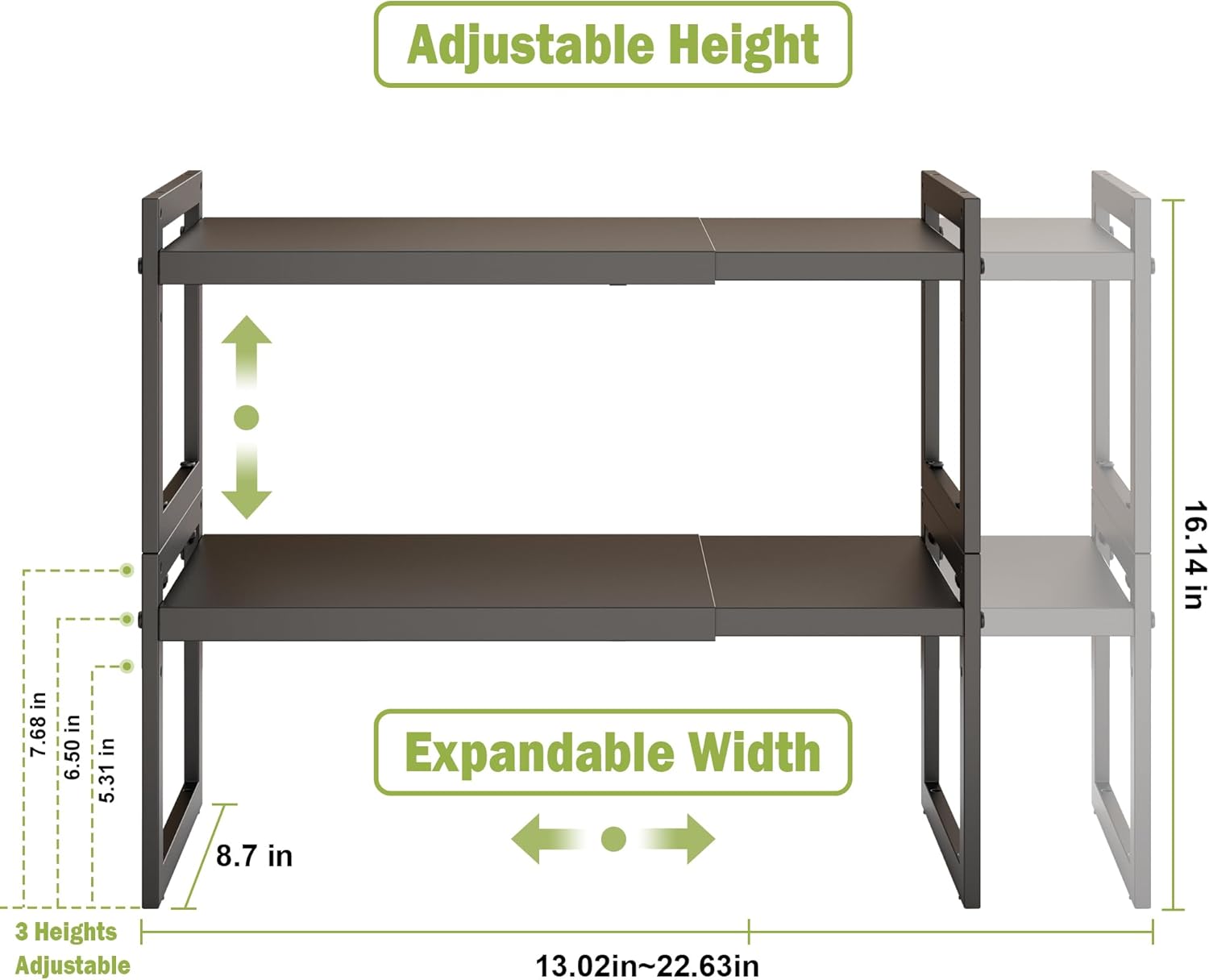 DOLALIKE Expandable kitchen Countertop Organizer, Stackable Cabinet Shelf Organizers, Space Saving Spice Rack Pantry Storage for Bathroom Office Organization (Black, 2 Pack)