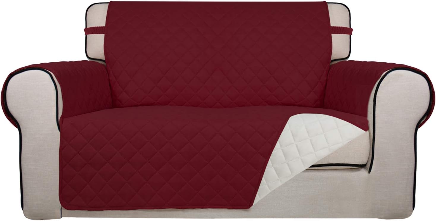 PureFit Reversible Quilted Sofa Cover, Water Resistant Slipcover Furniture Protector, Washable Couch Cover with Non Slip and Elastic Straps for Kids, Pets (Loveseat, Red/Ivory)