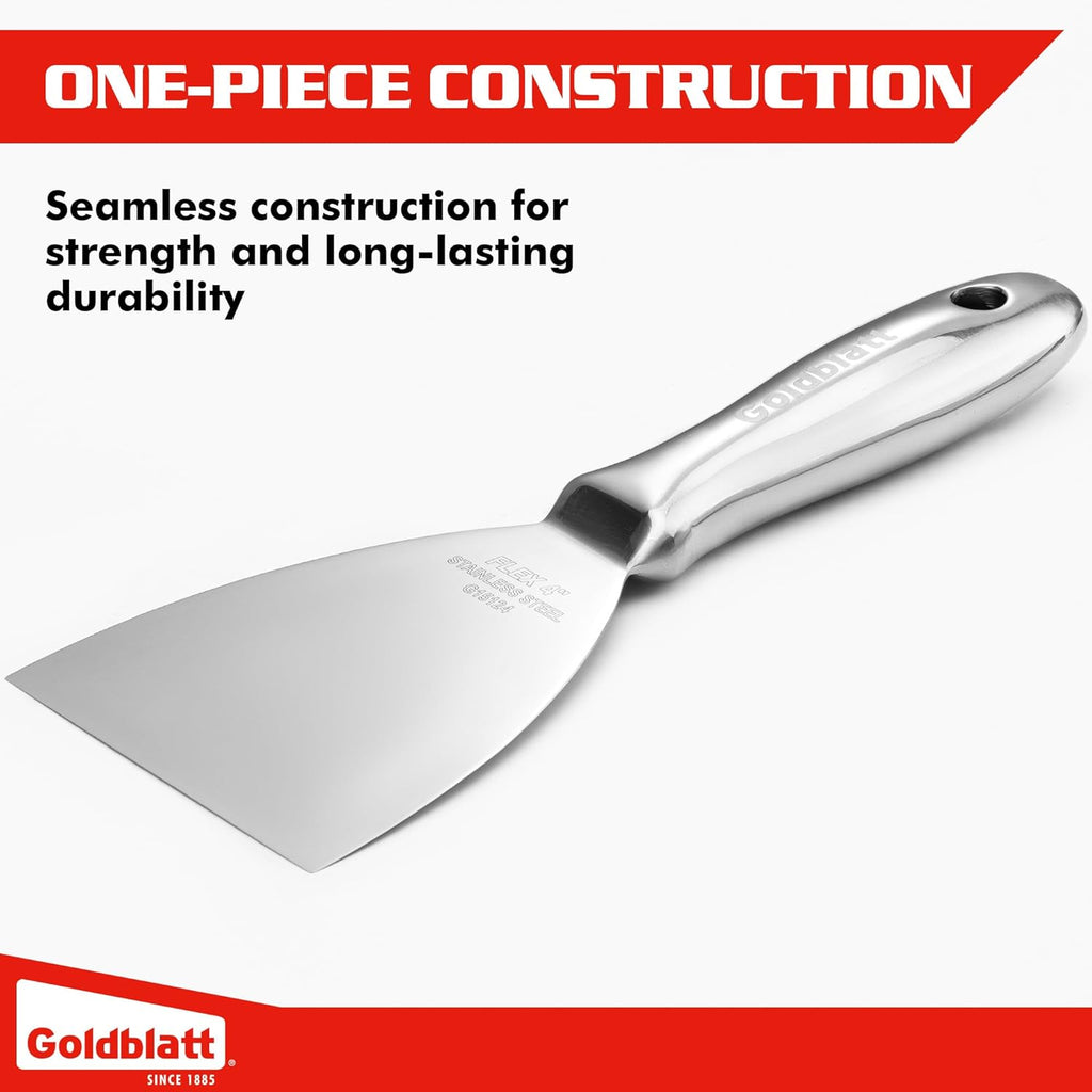 Goldblatt 4" Putty Knife, One-Piece Paint Scraper Tool, All Stainless Steel Joint Knife with Flexible Blade, Seamless Design, Metal Ergonomic Handle - for Drywall Repairing, Finishing and Scraping