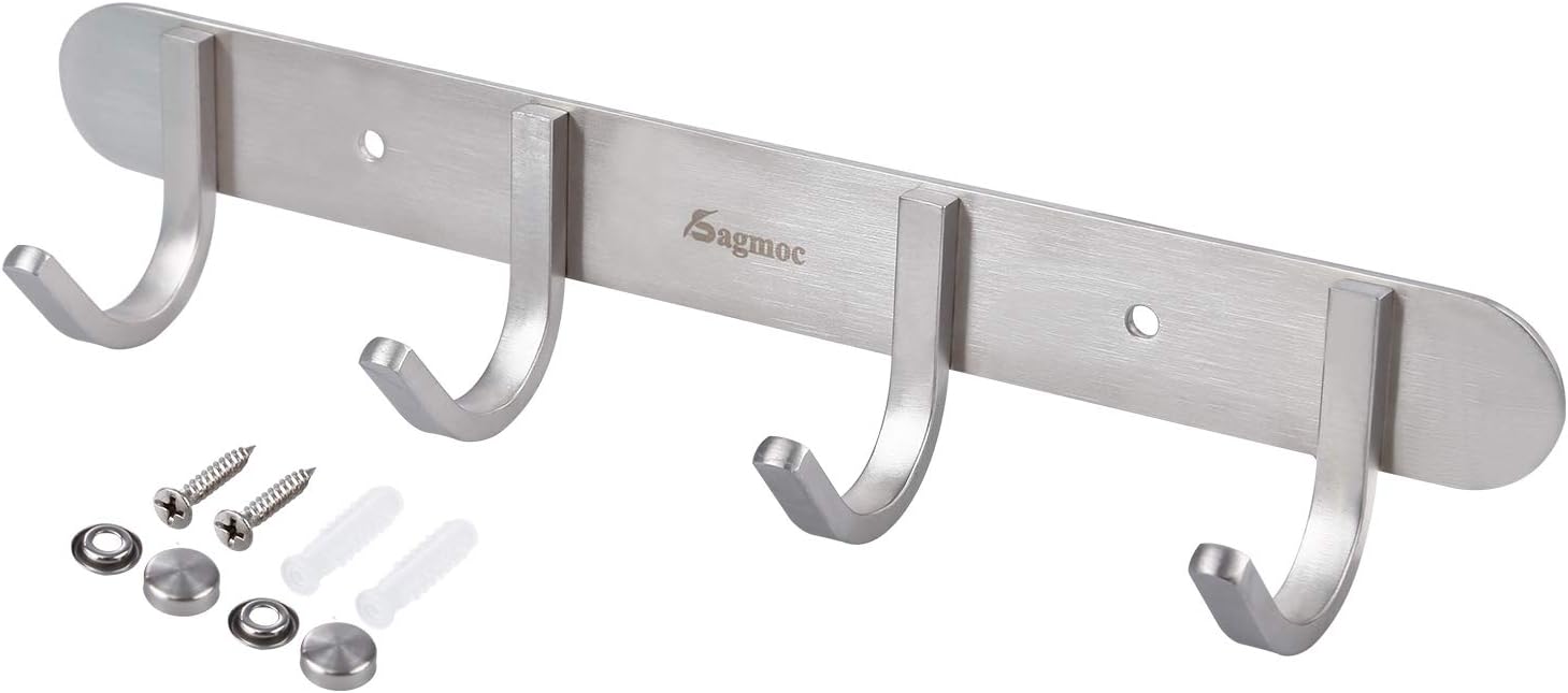 Coat Hook Rack Brushed Nickel 10.6-Inch Coat&Towel Hook Rail Wall Mounted with 4 Hooks, Durable Wall Hangers for Bedroom, Bathroom, Foyer, Hallway (SUS304 Stainless Steel)