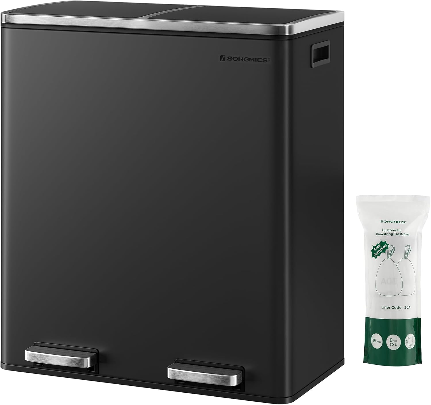 SONGMICS Trash Can, 2 x 8 Gallon (2 x 30 L) Garbage Can for Kitchen, with 15 Trash Bags, 2 Compartments, Plastic Inner Buckets and Hinged Lids, Airtight, Black ULTB60BK