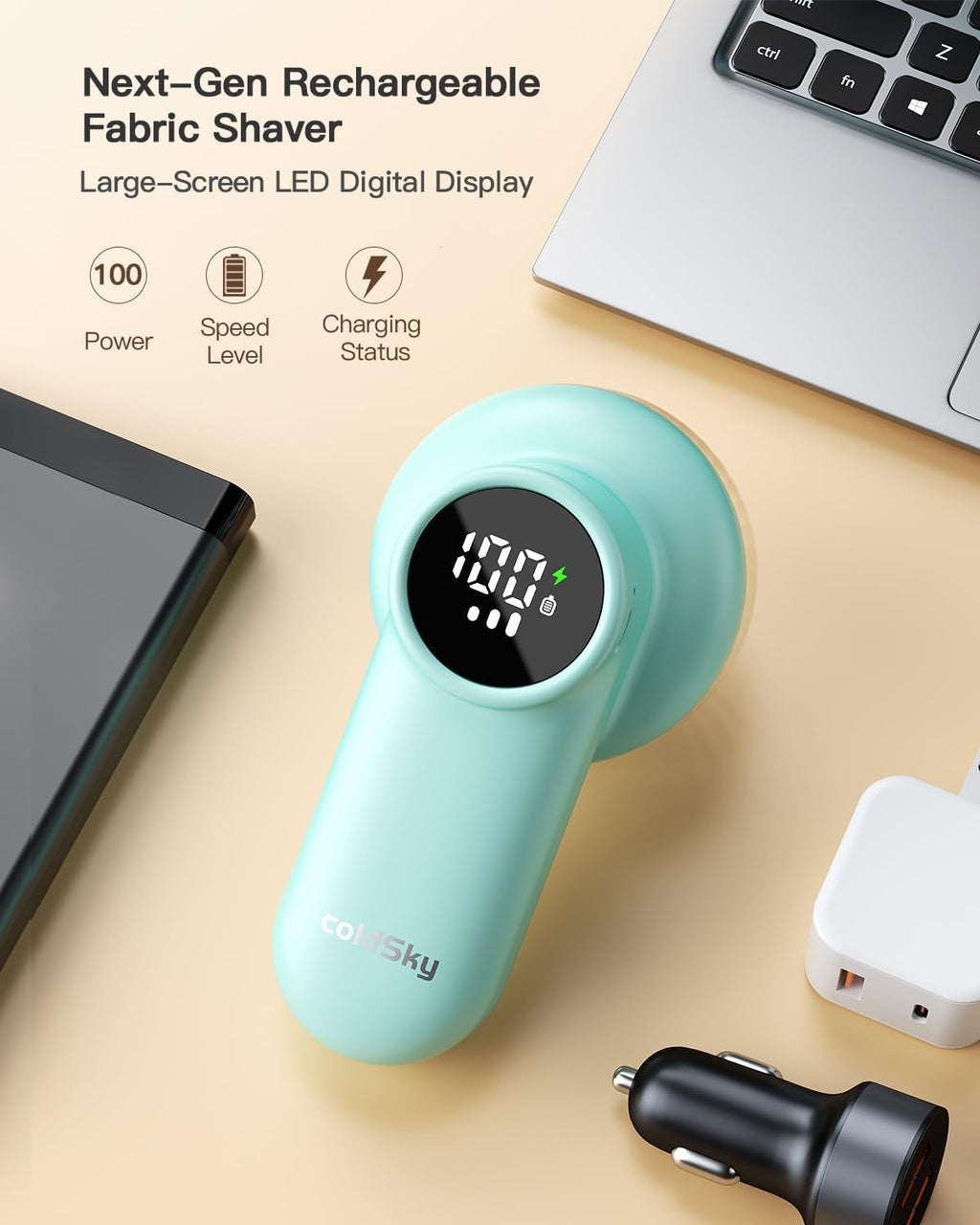 coldSky Rechargeable Fabric Shaver, Lint Shaver with Digital Display, Sweater Shaver with 6-Leaf Blades and Safety Lock, 3-Speeds Defuzzer Remove Fuzz, Pills from Clothes, Furniture, Blanket Green