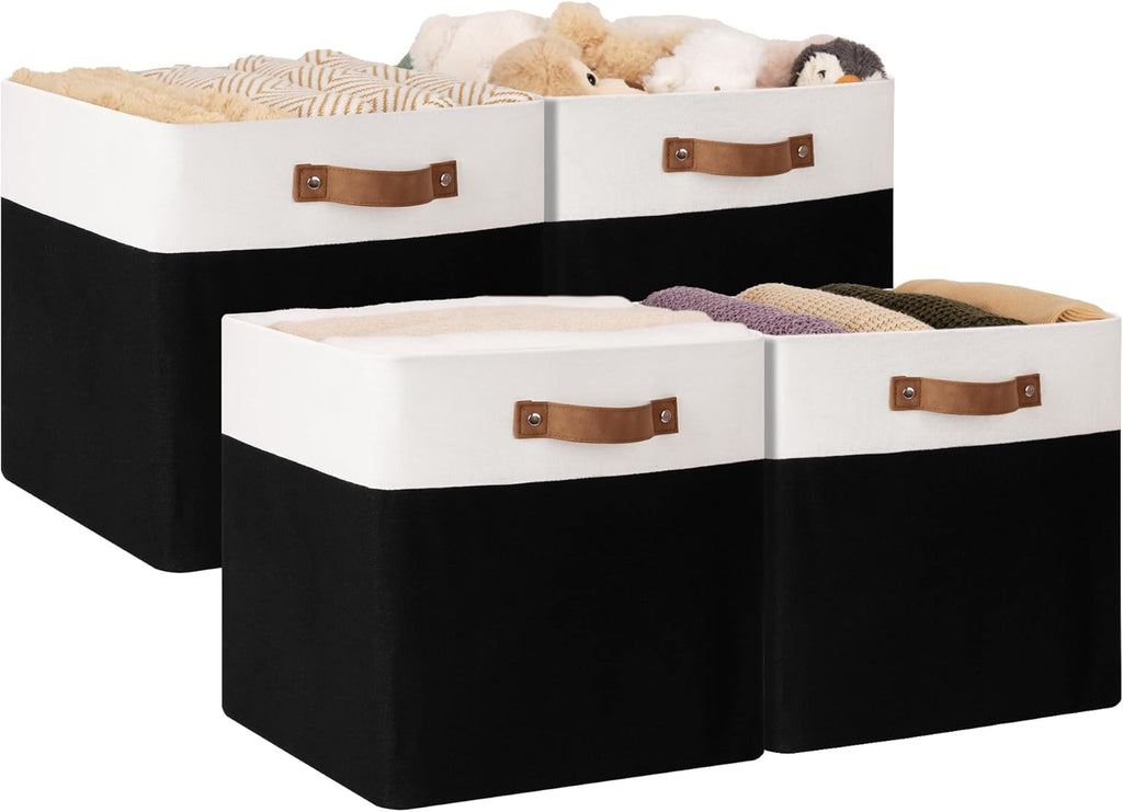 StorageWorks 13x13 Inches Storage Cube, Fabric Storage Bins with PU Handles, Collapsible Organizer Baskets for Closet, Black and White, 4-Pack