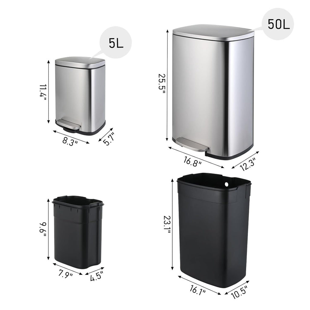 Arlopu 13.2+1.3 Gallon Step Trash Can, Stainless Steel Garbage Bin, Soft-Close Rubbish Bin with Removable Plastic Inner Bucket, Fingerprint-Proof, Lid Dustbin, for Kitchen Home (Silver)