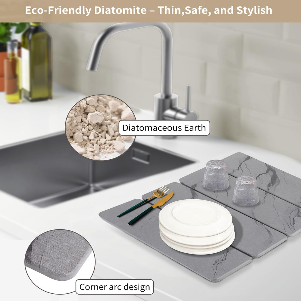 Large Stone Drying Mat for Kitchen Counter24"x16" , Misty Gray,Diatomaceous Earth Quick Dry Foldable Dish Drying Mat, Eco-Friendly Minimalist Design for Modern Homes (Gray, Large)