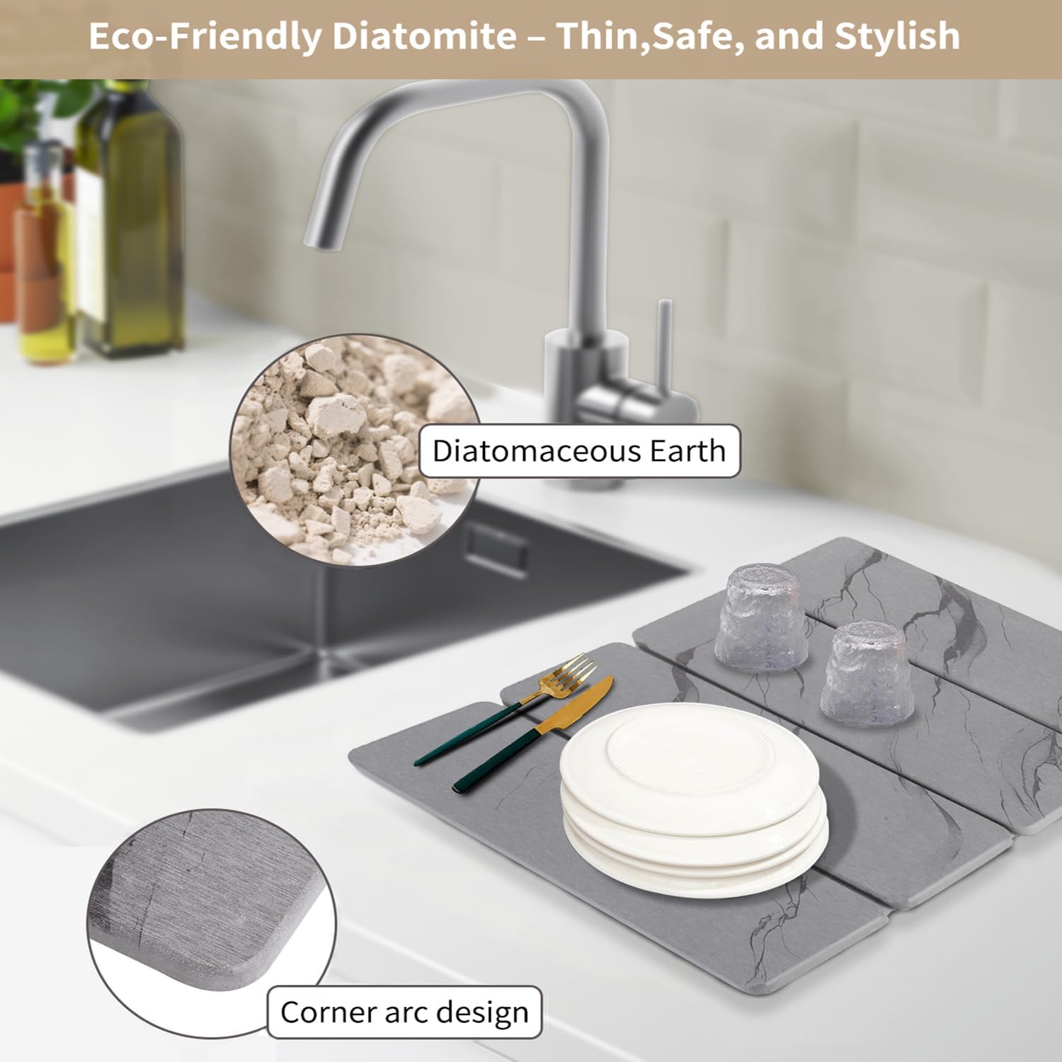 Large Stone Drying Mat for Kitchen Counter24"x16" , Misty Gray,Diatomaceous Earth Quick Dry Foldable Dish Drying Mat, Eco-Friendly Minimalist Design for Modern Homes (Gray, Large)