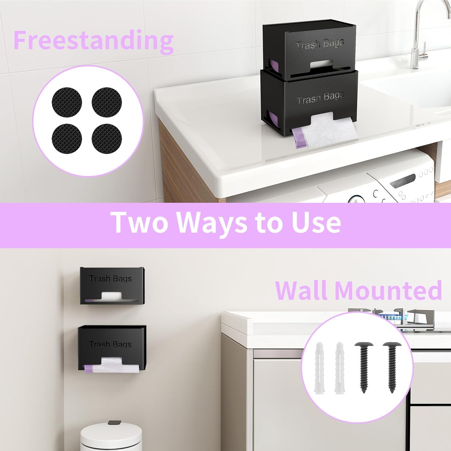 2-Pack Trash Bag Holder Dispenser, Stackable Garbage Bag Dispenser, Extra Large Trash Organizer for Kitchen Laundry Under Sink, Wall Mounted or Freestanding, Metal Black