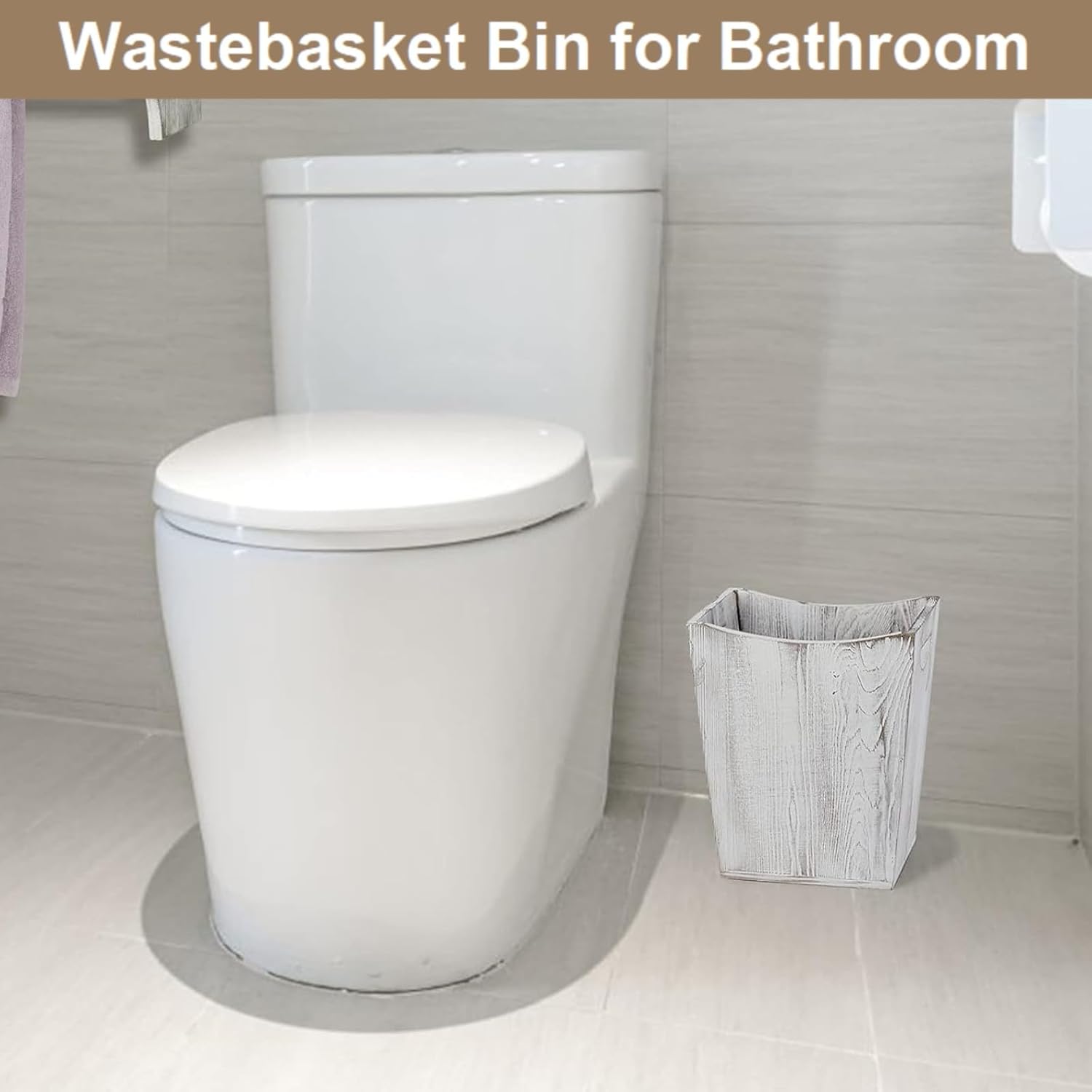SEHERTIWY Wood Trash Can, Farmhouse Wastebasket Bin for Bathroom, Office, Bedroom, Living Room, Small Square Rustic Garbage Container (Wood-White)