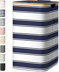 BALEINE Laundry Hamper with Lid, Tall Laundry Baskets with Bamboo Pull Handles, Large Laundry Bin with Internal Support (26 Gal/100L, Blue Stripe)
