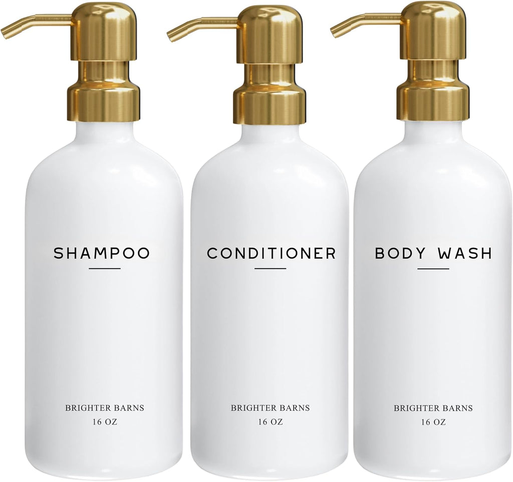 Luxury Shampoo and Conditioner Dispenser Set by Brighter Barns - Shower Soap Dispenser - Shampoo Conditioner Body Wash Dispenser & Pump - White and Gold Bathroom Accessories in Spa, Hotel, Gift (Gold)