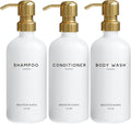Luxury Shampoo and Conditioner Dispenser Set by Brighter Barns - Shower Soap Dispenser - Shampoo Conditioner Body Wash Dispenser & Pump - White and Gold Bathroom Accessories in Spa, Hotel, Gift (Gold)