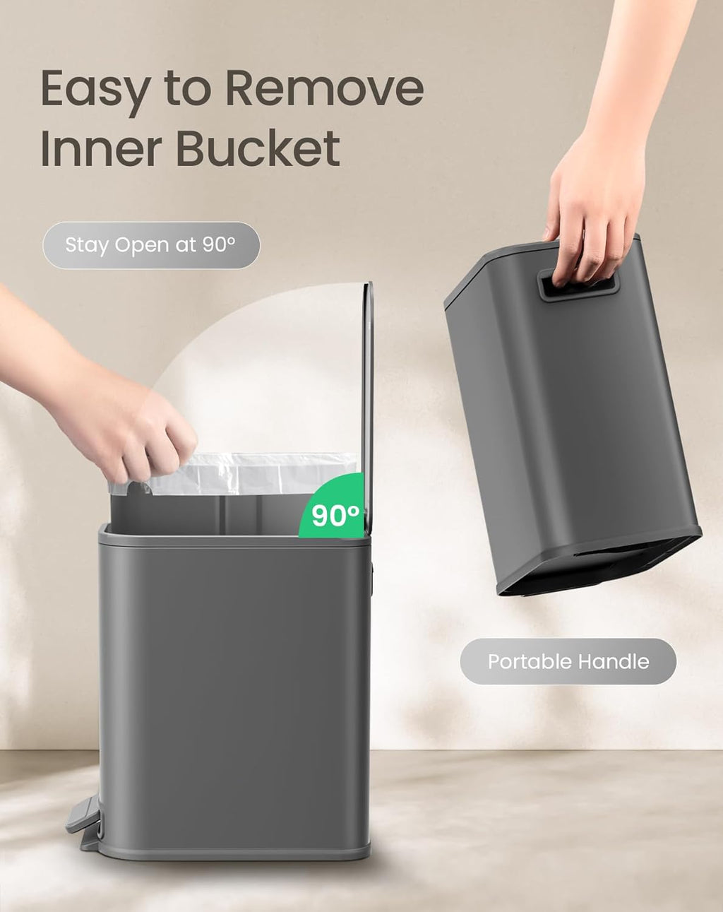 Cesun Small Bathroom Trash Can with Lid Soft Close, Step Pedal, 5 Liter / 1.3 Gallon Stainless Steel Garbage Can with Removable Inner Bucket, Waste Basket for Bathroom, Bedroom (Gray)