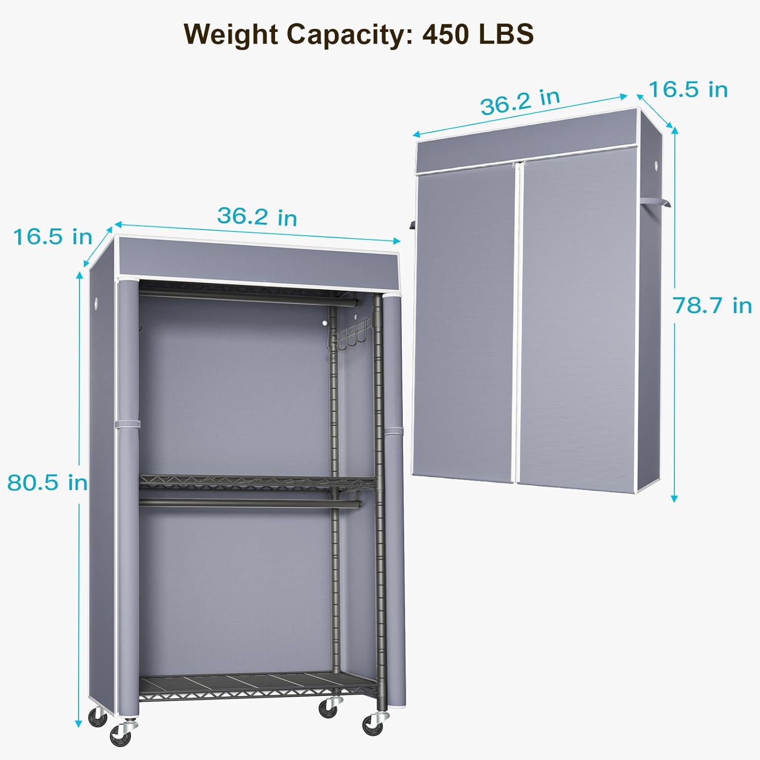 FUTASSI Black Clothing Rack with Grey Cover, P1C Rolling Closets with Wheels, Metal Garment Rack for Hanging Clothes, Clothing Storage Wardrobe, 36.2" W x 16.5" D x 80.5" H, Load 450 Pounds