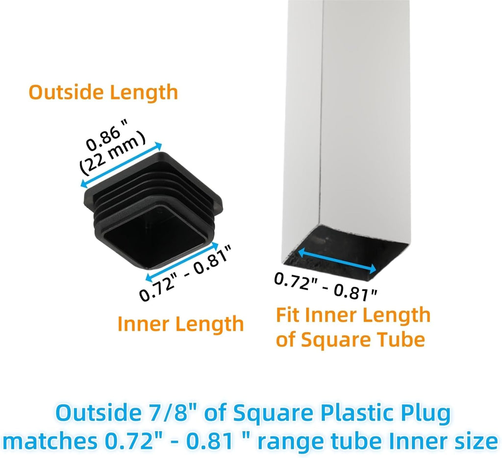 Furnigear Plastic Plugs Tubing End Cap Chair End Caps Outside Bottom Tubing Caps Square Furniture Sliders Glides Black (40, Fit 0.72-0.81" Square Tube Inner Size)
