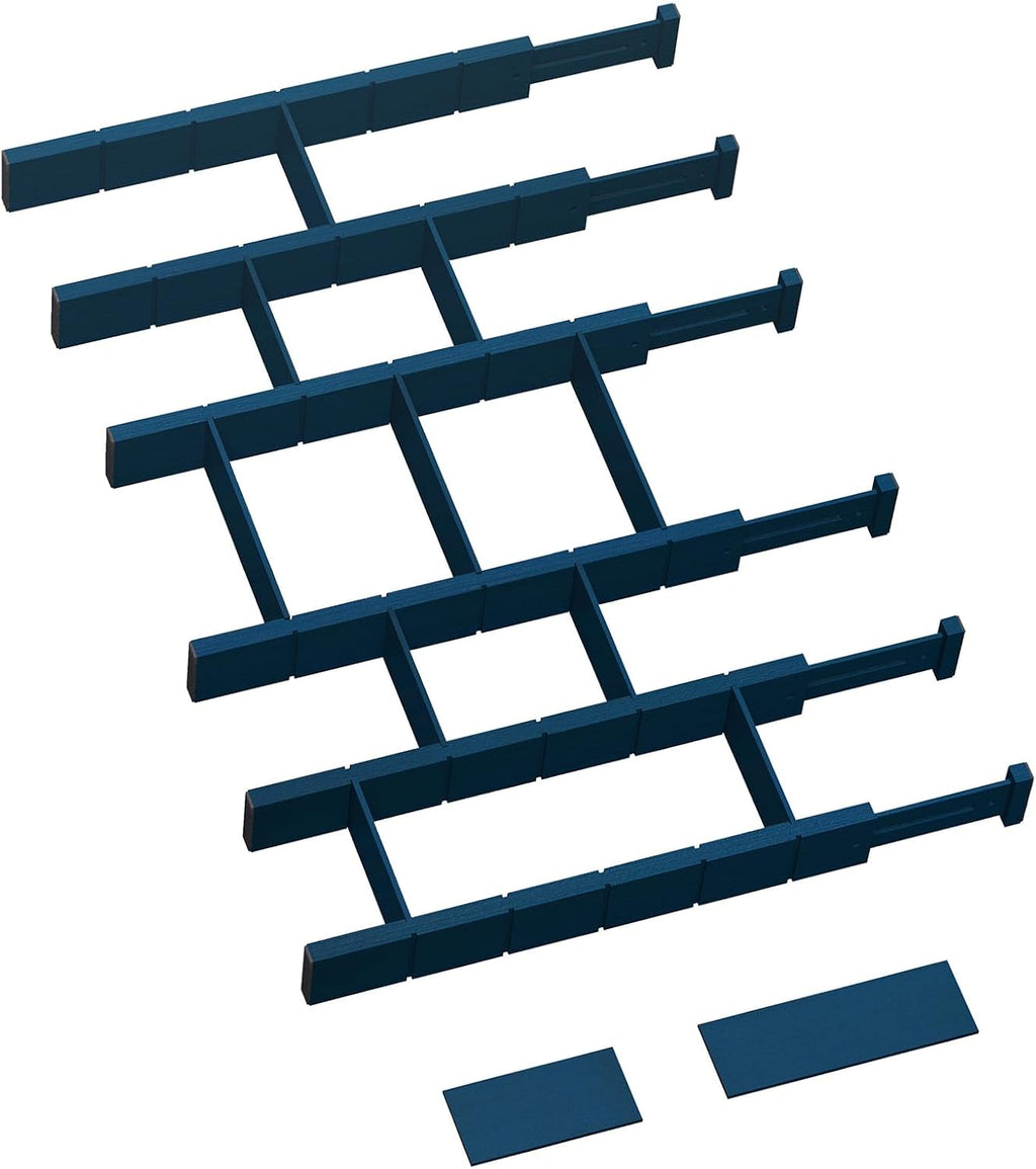 6 Pack Bamboo Drawer Dividers with 12 Inserts, Expandable Adjustable Clothes Drawer Organizers and Storage from 17" to 22" for Kitchen, Bedroom, Dresser, Cosmetics (Navy Blue)