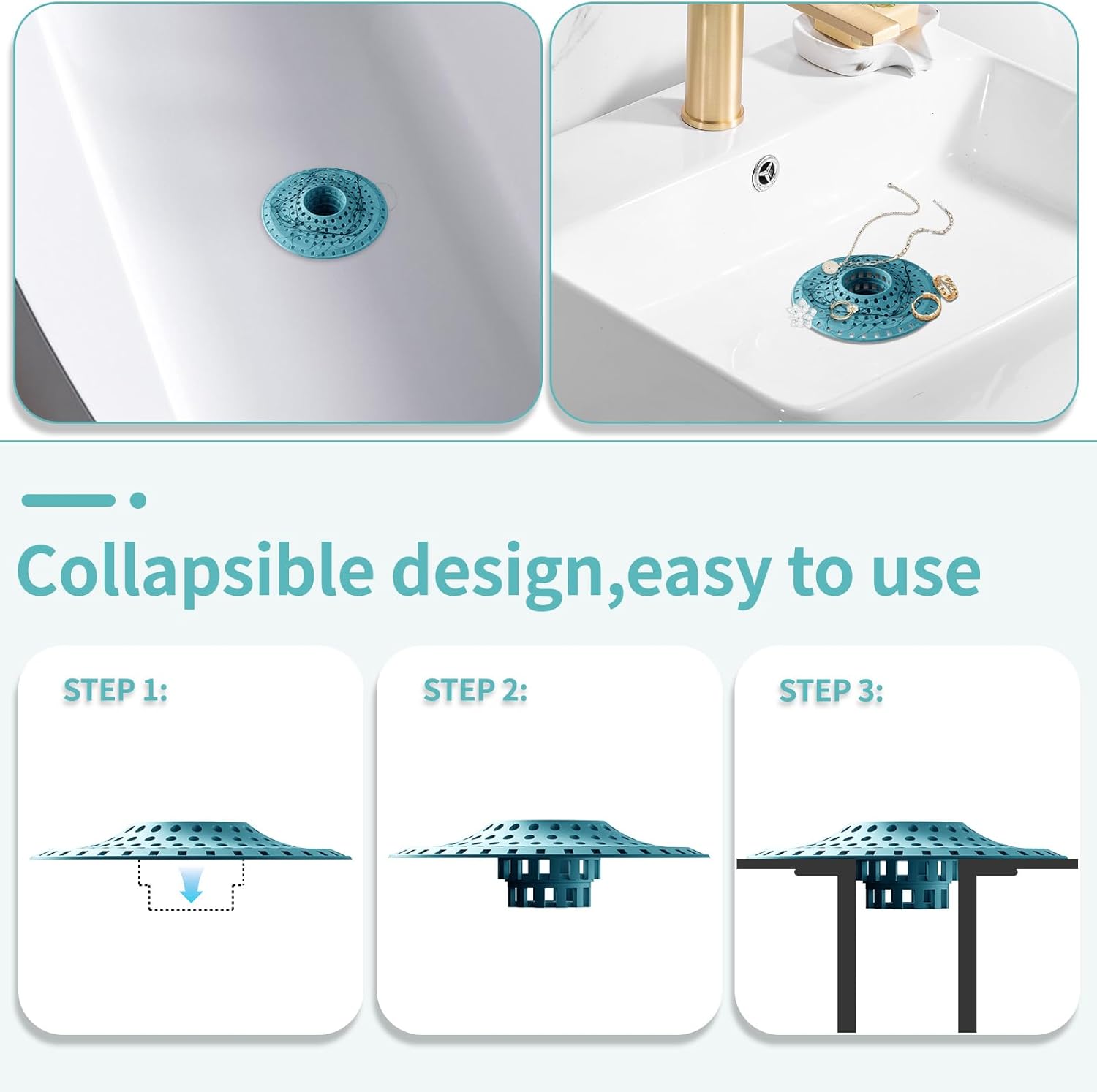 Shower Hair Drain Catcher, Silicone Bathtub Drain Hair Catcher Strainer, All-in-one Tub Hair Catcher Drain Protector for 1.48'' to 1.76'' Regular Drains, 3PCS/Light Blue