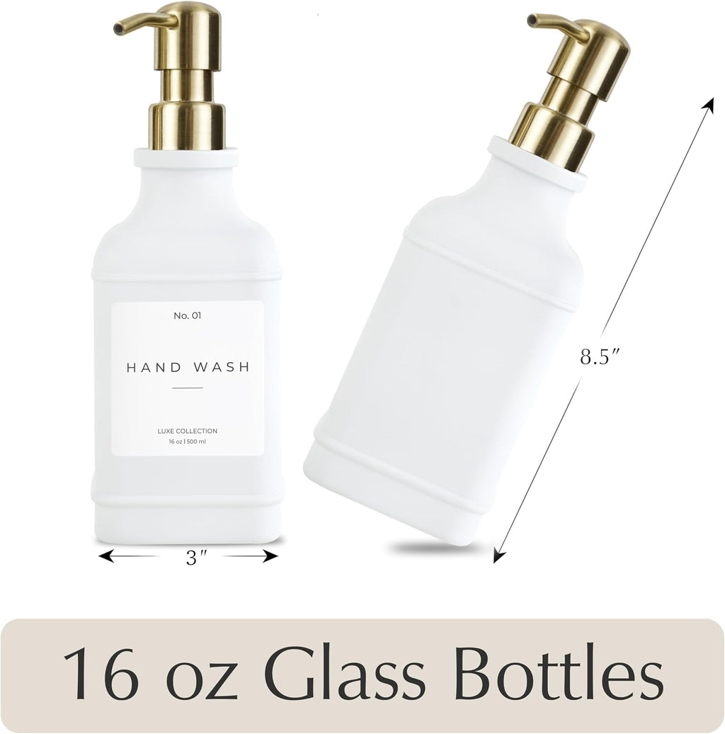 Emerson Essentials Soap Dispenser, Dish Soap Dispenser, Soap Dispenser Bathroom Set, Hand Soap, Kitchen Soap Dispenser Set, Glass Soap Dispenser with Pump and Labels | 16 Oz, 2-Pack
