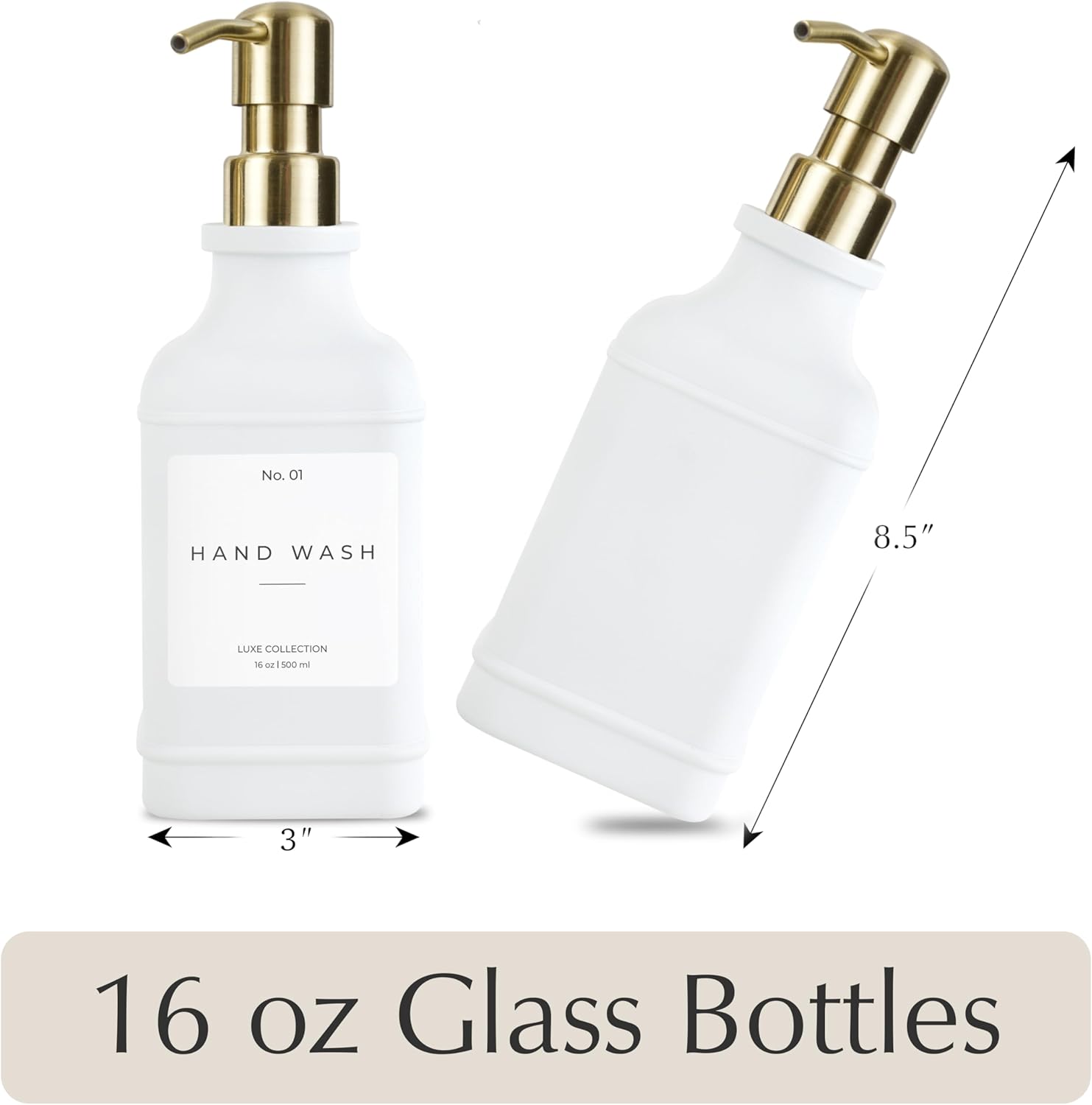 Emerson Essentials Soap Dispenser, Dish Soap Dispenser, Soap Dispenser Bathroom Set, Hand Soap, Kitchen Soap Dispenser Set, Glass Soap Dispenser with Pump and Labels | 16 Oz, 2-Pack