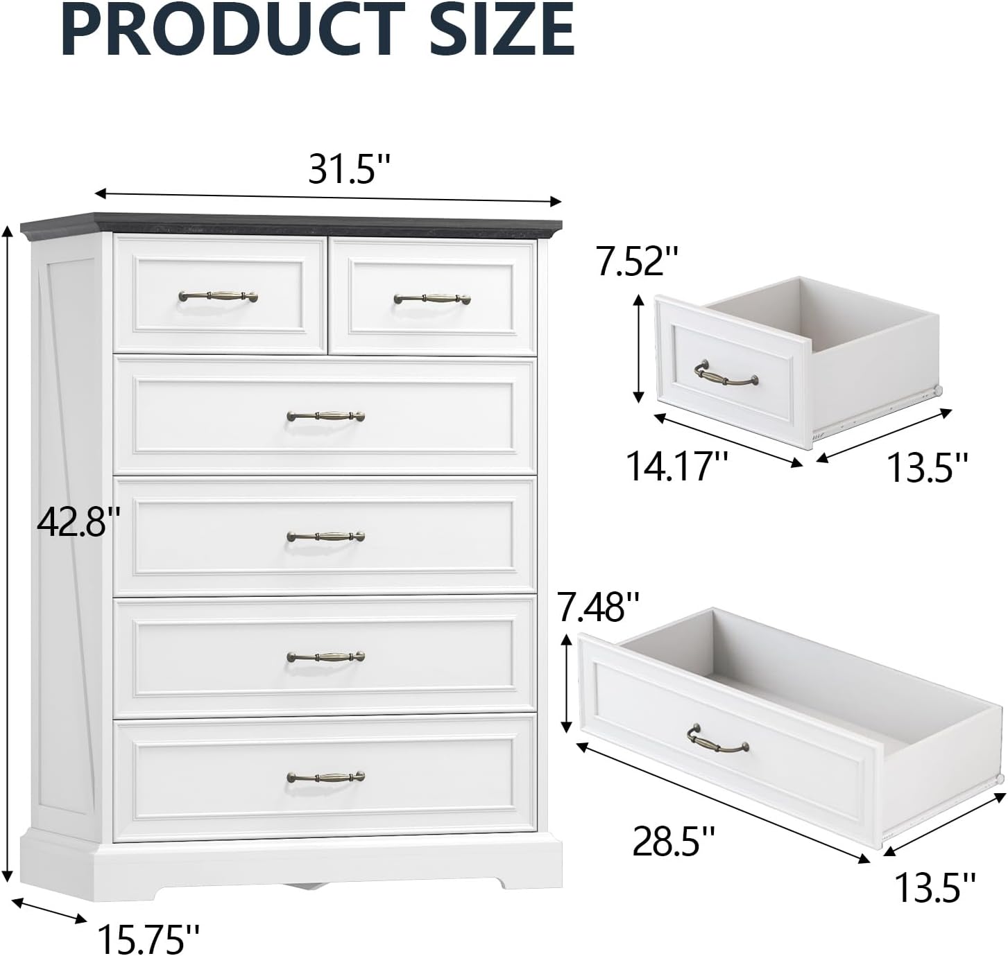 6 Drawer Dresser for Bedroom, 43" Tall Wooden Chest of Drawers, Rustic Farmhouse Dresser with Large Drawers & Metal Handles, Modern Storage Organizer for Closet, Living Room, Hallway, White